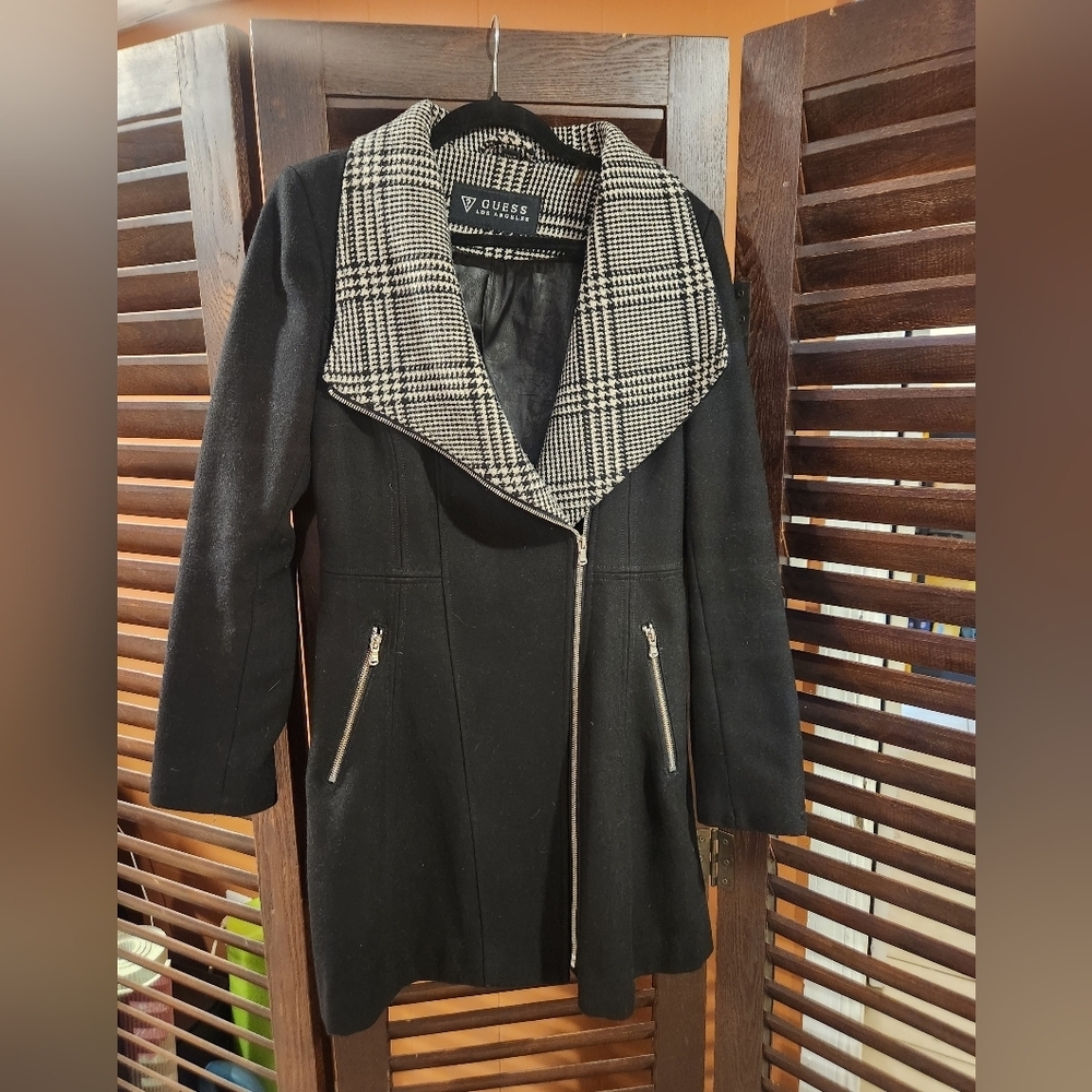 Guess Black Trench Coat with Checkered Collar